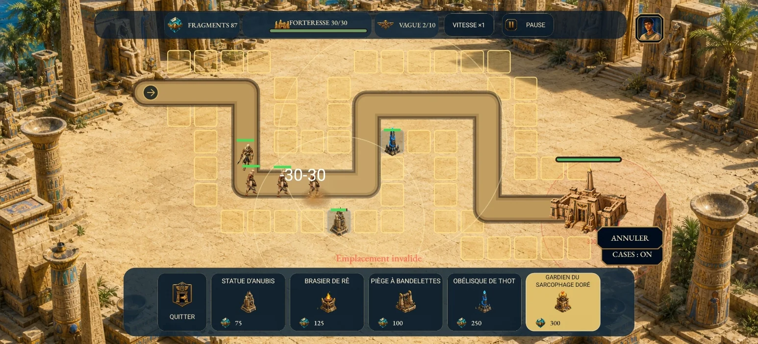 Placement de défenses sur un champ de bataille égyptien dans Archaeo Defense