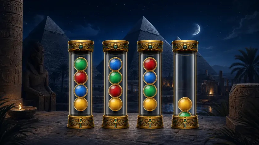 Quatre tubes de puzzle égyptiens remplis de billes colorées devant les pyramides.