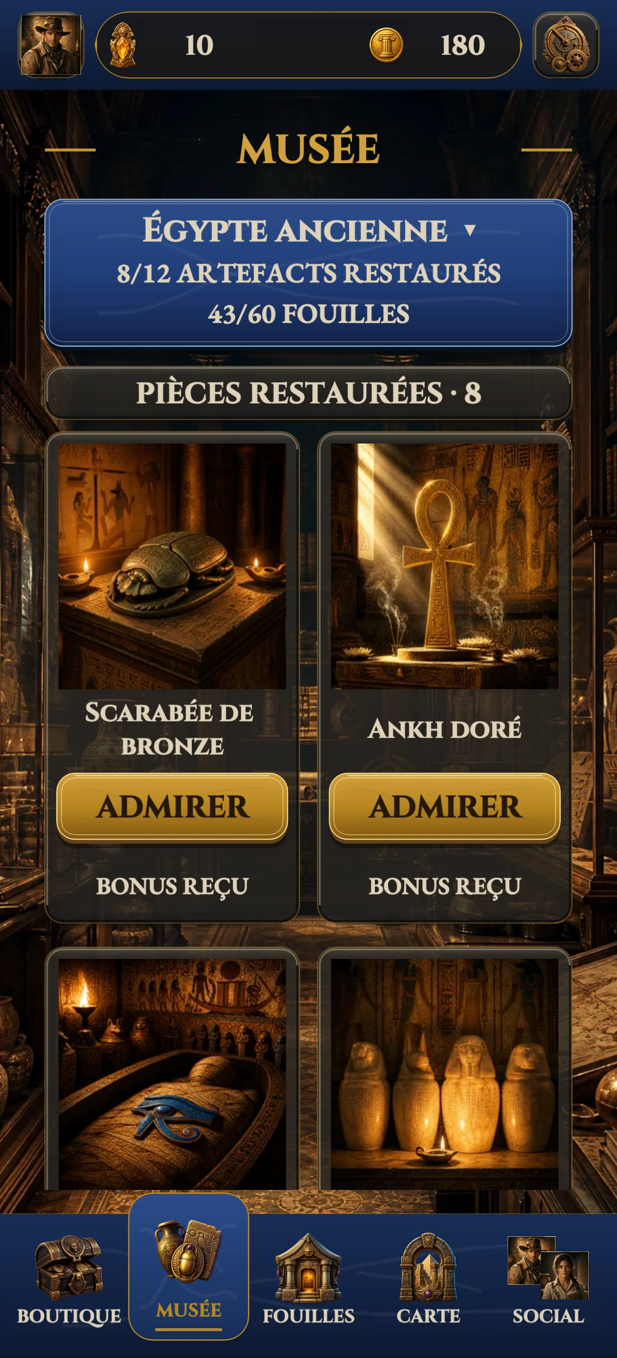 Capture de la collection d'artefacts d'Archaeo Puzzle.